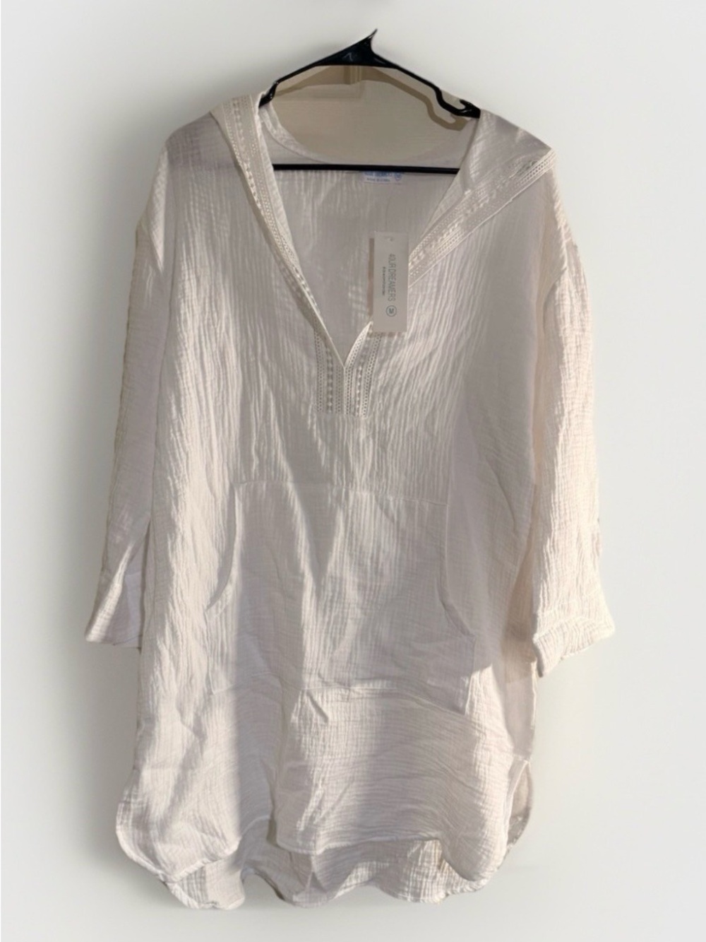 4Our Dreamers White Cotton Gauze Hooded  Tunic Beach Resort CoverUp Dress New M